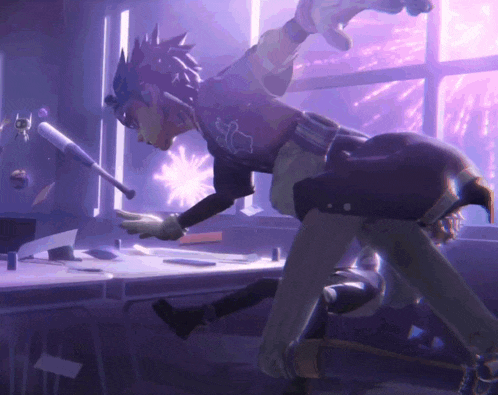 a cartoon character is holding a baseball bat in a purple room