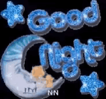 a teddy bear is sleeping on a crescent moon with the words `` good night '' written in blue glitter .