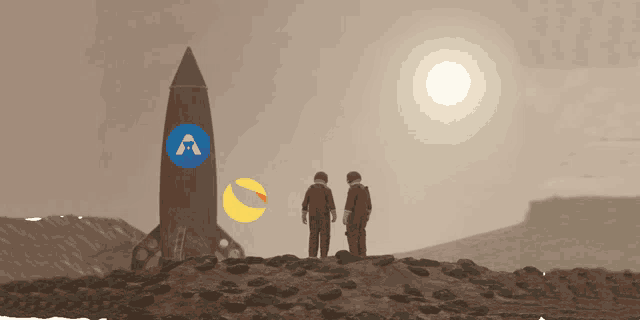 two astronauts are standing in front of a rocket with a blue a on it