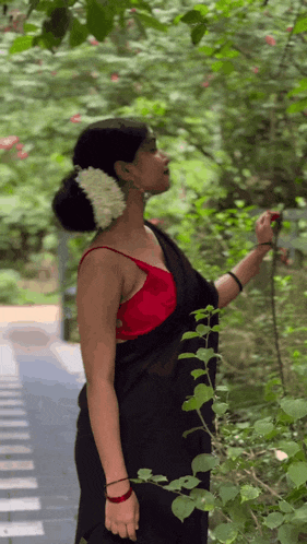 a woman in a black saree and a red bra is standing in a forest .