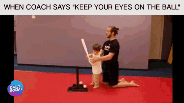 a man kneeling next to a little boy holding a baseball bat ..