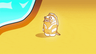 a cartoon drawing of a meerkat standing on a sandy beach