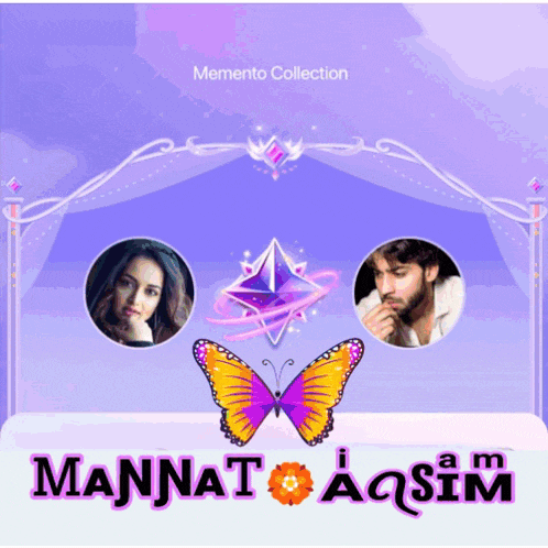 a poster for the memento collection shows a butterfly and a man and woman