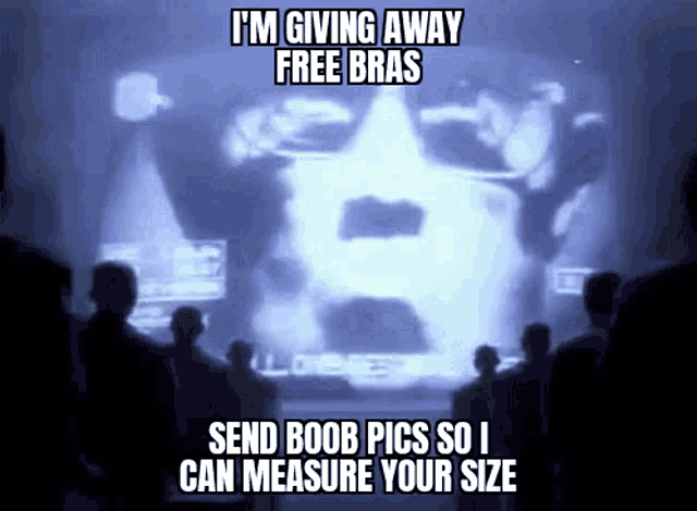 a group of people are standing in front of a screen that says " i 'm giving away free bras "