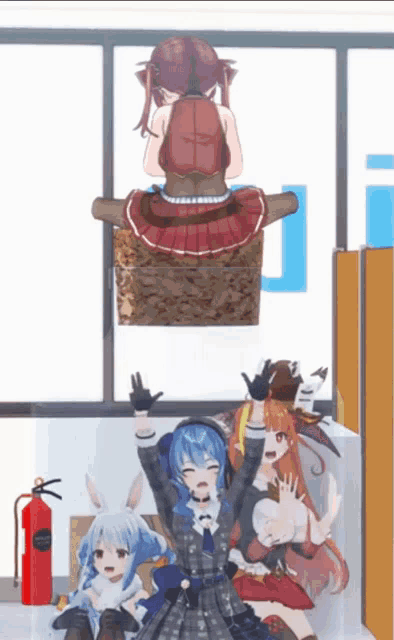 a fire extinguisher is sitting next to a group of anime characters