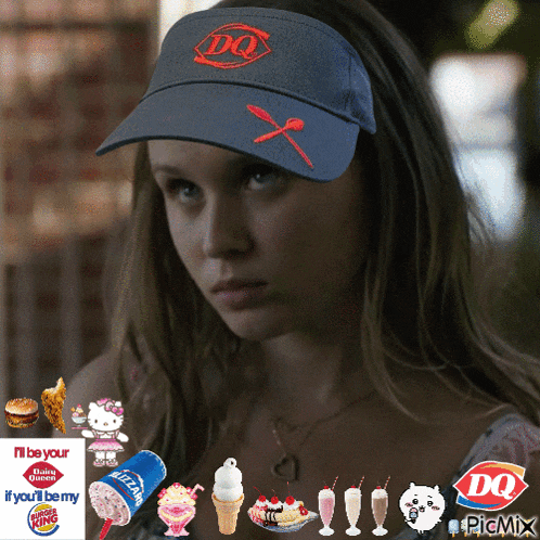 a woman wearing a dq hat is surrounded by ice cream and burger king logos