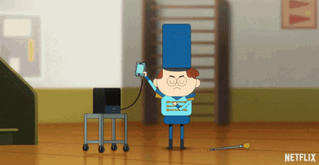 a cartoon character from netflix is holding a cell phone in his hand