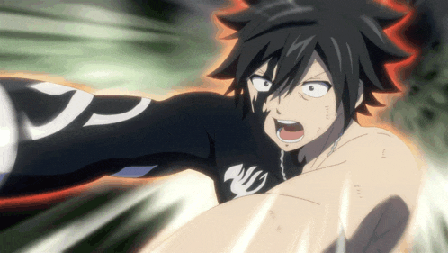 a fairy tail character throws a punch with the letter w on his sleeve