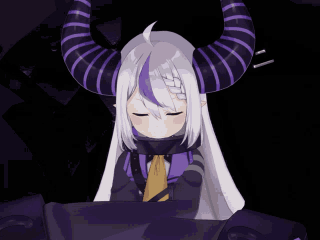 a girl with purple horns and a purple stripe on her hair