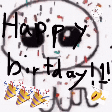 a drawing of a skull with the words `` happy birthday '' written on it surrounded by party hats and confetti .