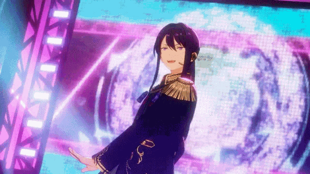 a cartoon character is dancing on a stage with a purple background