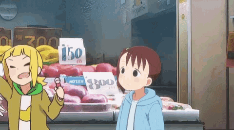 a cartoon of two girls standing in front of a fruit stand with a sign that says 150