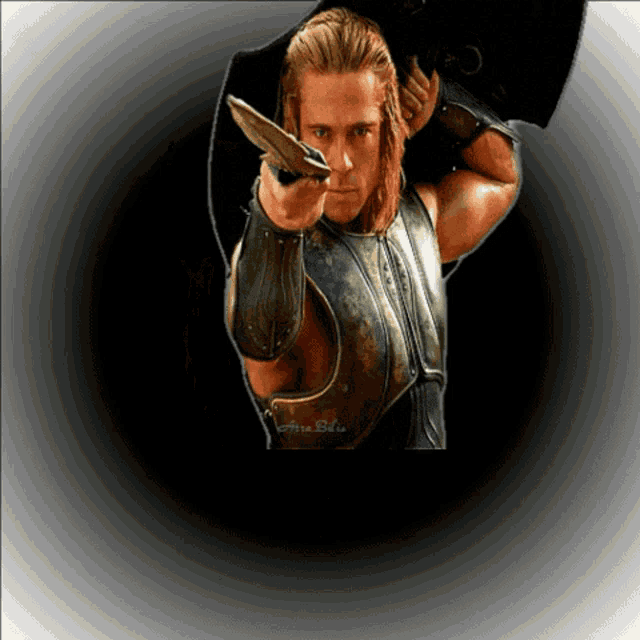 a picture of a man holding a sword with the name anna written on the bottom