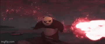a panda bear is holding a sword and a red light is coming out of it 's mouth .