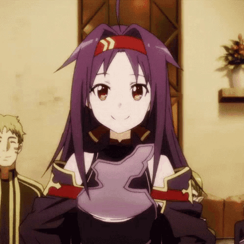 a girl with purple hair has a red headband with arrows on it