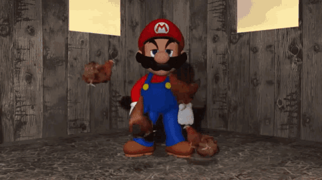 a mario holding chickens in a barn with a wooden wall in the background