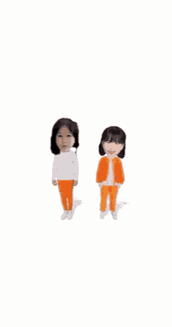 two little girls are standing next to each other on a white background . one of the girls is wearing an orange jacket .