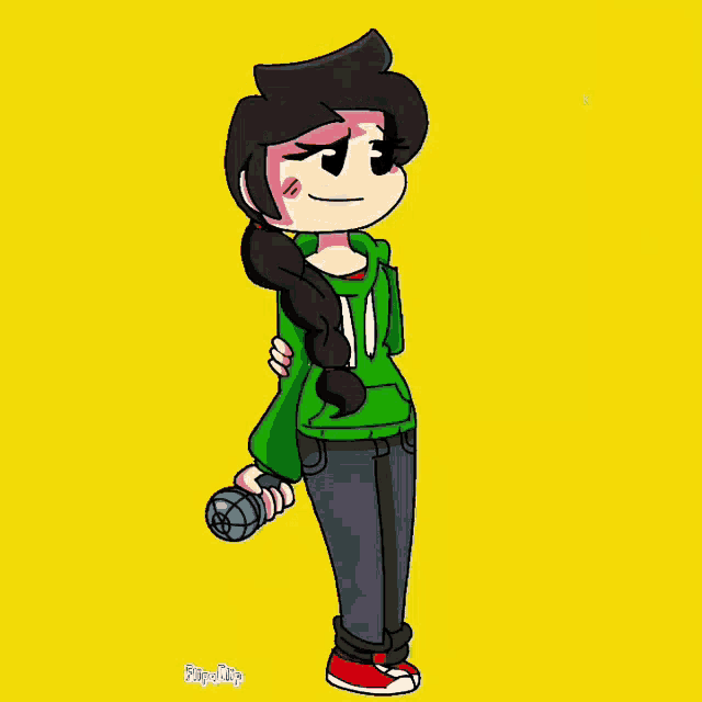 a cartoon character in a green hoodie is holding a microphone and dancing .