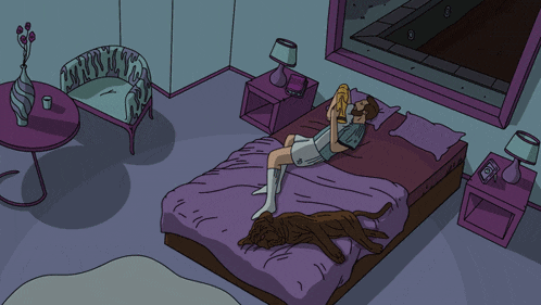 a cartoon drawing of a woman laying on a bed with a purple light coming out of her