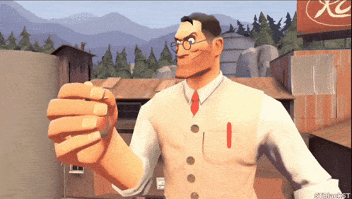 a cartoon of a man with glasses and a red tie standing in front of a coca cola sign