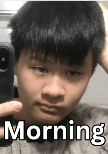 a young man taking a picture of himself with the words morning written below him