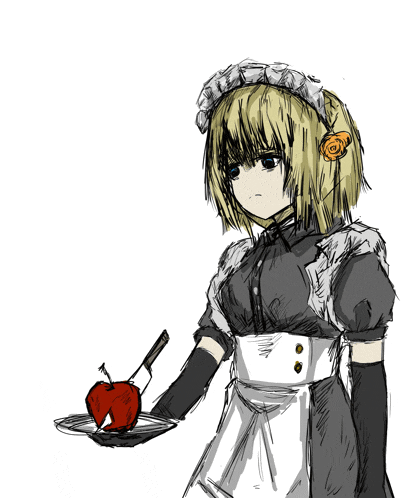 a drawing of a maid holding an apple with a knife in her hand