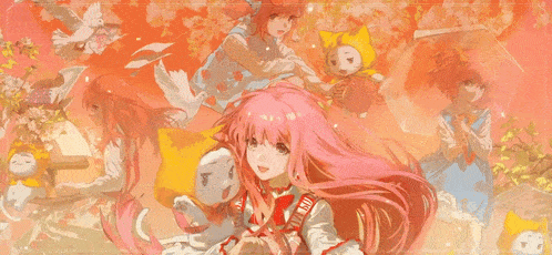 a girl with long pink hair is surrounded by other girls and animals