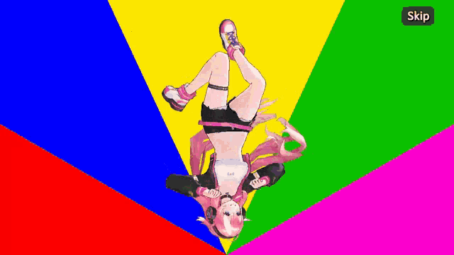 a girl is doing a handstand on a colorful background with a skip button