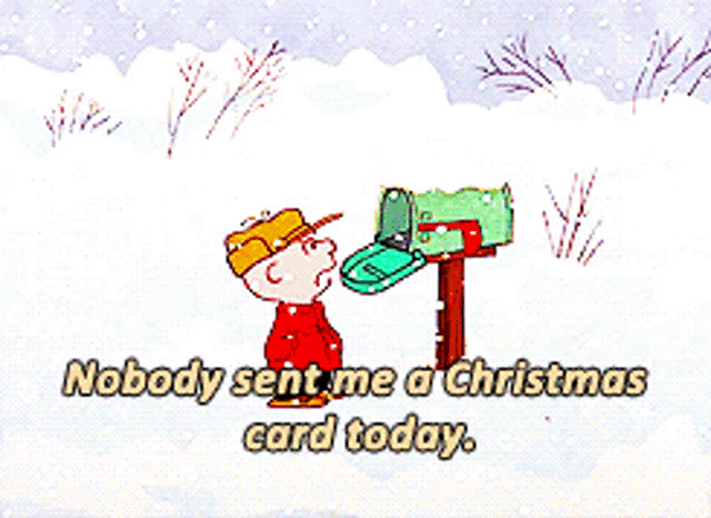 a cartoon of charlie brown standing next to a mailbox with the words nobody sent me a christmas card today