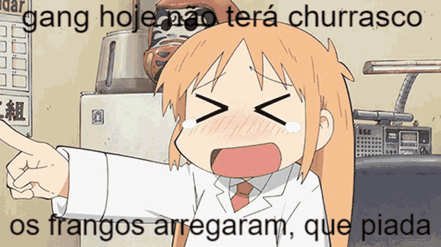 a cartoon of a girl pointing at something with the words gang hoje nao tera churrasco