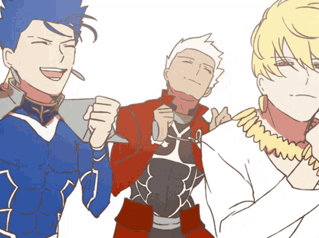 a group of anime characters are posing for a picture and one of them is holding a sword