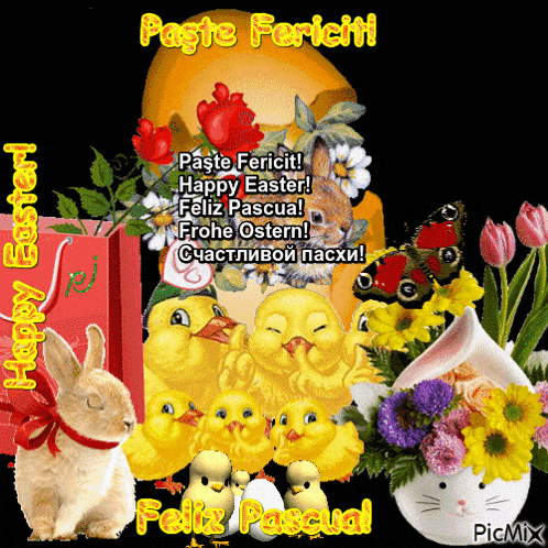 a picture of a rabbit and chicks with the words happy easter written on it