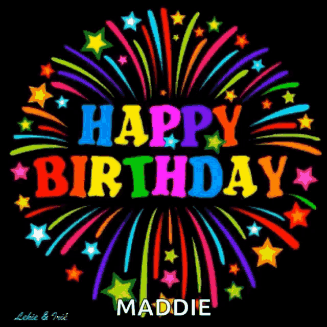 a colorful happy birthday card with fireworks and stars