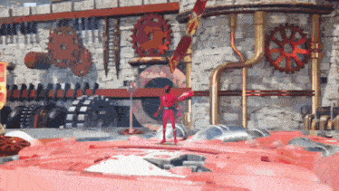 a red superhero is standing in front of a wall with gears