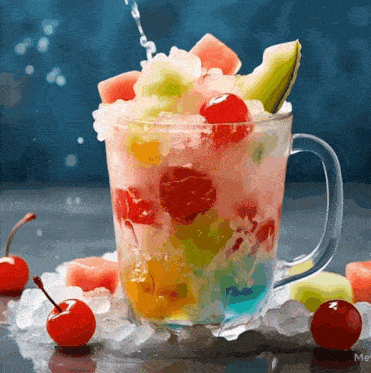 a glass filled with fruit and ice has a cherry on top of it