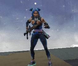 a girl with blue hair is holding a gun in a video game