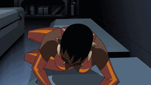 a cartoon character is crawling on the floor and looking up