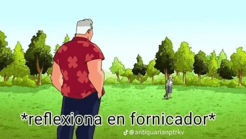 a cartoon of a man standing in a field with trees in the background and a caption in spanish .