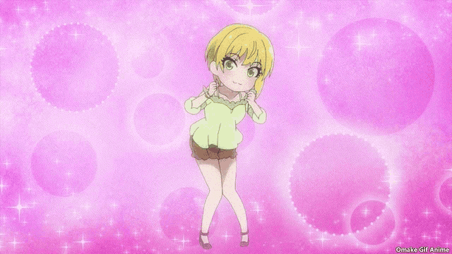a girl in a green shirt and shorts is dancing on a pink background with omake girl anime written on the bottom
