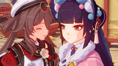 two anime girls are standing next to each other and one is wearing a white hat