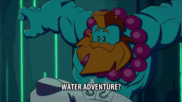a cartoon character says " it 's a water adventure " with a light coming out of his mouth