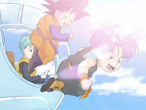 a cartoon of a boy with purple hair and a capsule corp logo