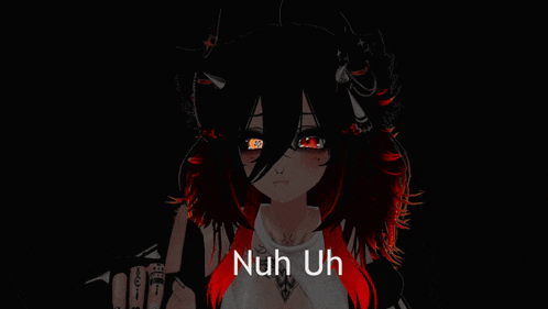 a black and red anime girl with the words " nuh uh " below her