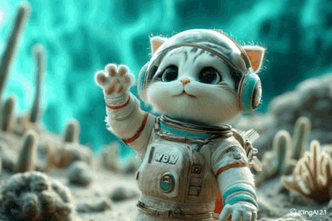 a cat wearing headphones and a space suit that says wow on it