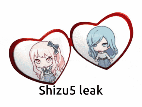 two hearts with a picture of a girl and the words shizu5 leak on the bottom