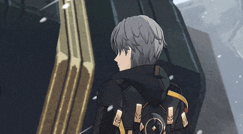 a cartoon character with gray hair and a backpack