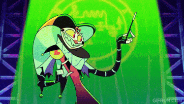 a cartoon character is holding a wand in front of a green background ..