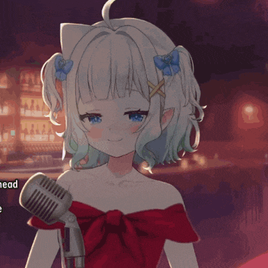 a girl in a red dress stands in front of a microphone with the word head visible in the corner