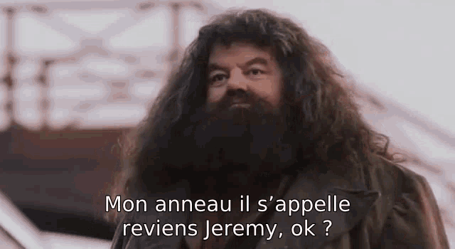 a man with long hair and a beard is talking in french