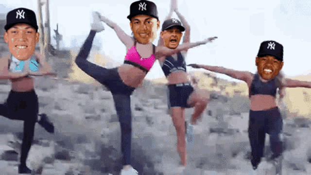 a group of people wearing ny hats are doing yoga exercises